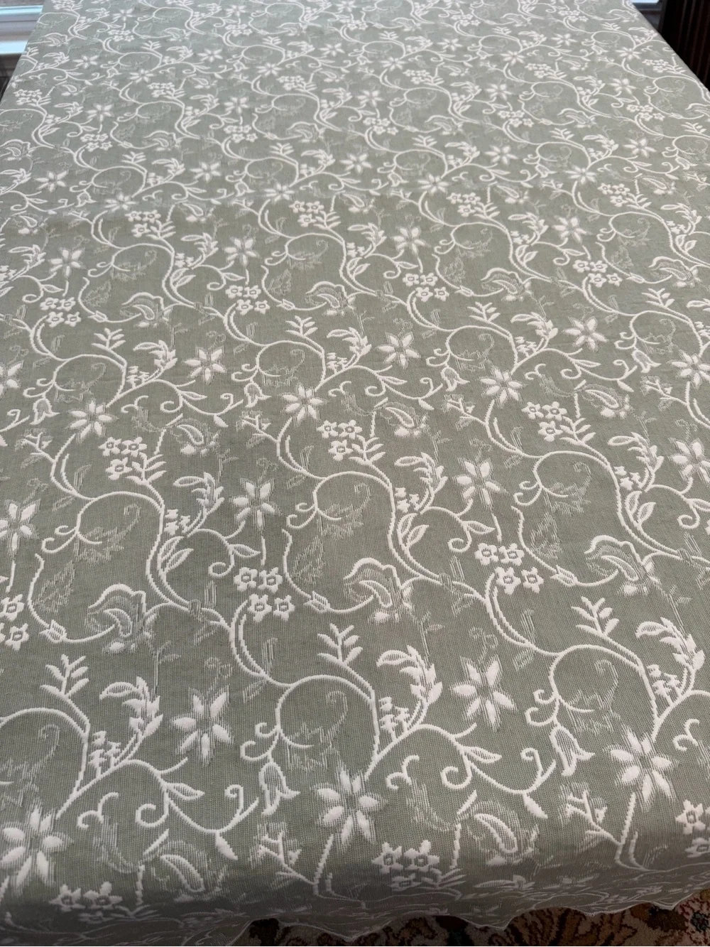 Floral Vine Jacquard Tablecloth sage green white reversible 83” x64” cotton blnd